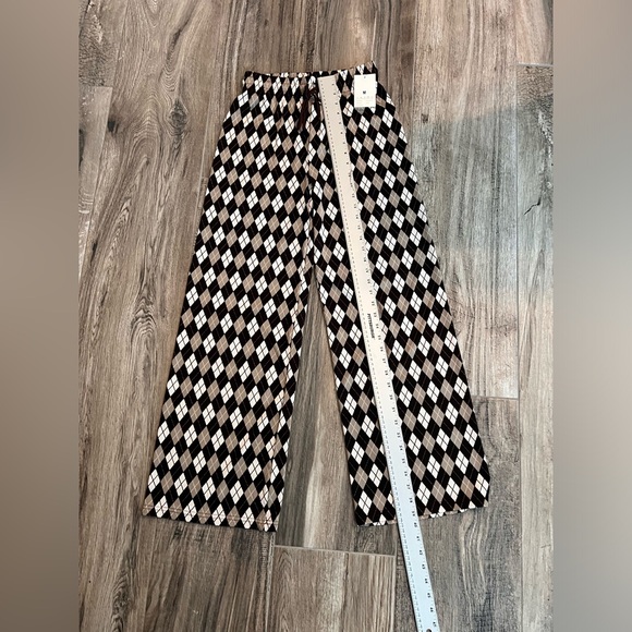 Nunu Yong M Women Brown Argyle Plaid Lounge Pant Wide Leg Drawstring Stretch #68 - Picture 2 of 7
